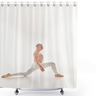 Personality  A Young Man Gracefully Executes An Acrobatic Element, Showcasing Balance And Serenity In A Studio Setting Against A White Background. Shower Curtains