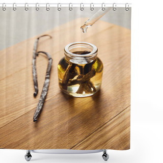 Personality  Glass Bottle Of Essential Oil With Vanilla Pods On Wooden Cutting Board Shower Curtains