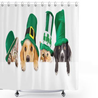Personality  Row Of Cute Dogs And Cats Wearing Green St Patricks Day Hats While Peeking Over A Blank White Web Banner Or Social Media Cover Shower Curtains