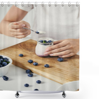 Personality  Cropped Shot Of Woman At Tabletop With Yogurt With Fresh Blueberries For Breakfast On Wooden Cutting Board Shower Curtains