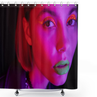 Personality  Close Up Portrait Of Woman With Glowing Neon Makeup In Purple Light On Black Background Shower Curtains