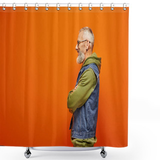 Personality  Handsome Merry Mature Man In Green Hoodie And Denim Vest Posing In Profile On Orange Backdrop Shower Curtains