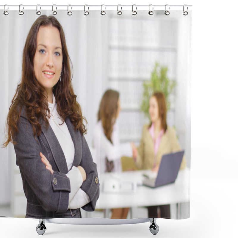 Personality  Successful business woman standing with her staff in background at office shower curtains