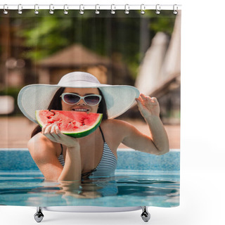 Personality  Young Woman Smiling While Holding Watermelon And Sun Hat In Pool  Shower Curtains