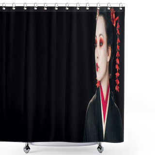 Personality  Beautiful Geisha In Black And Red Kimono And Flowers In Hair Looking Away Isolated On Black, Panoramic Shot Shower Curtains