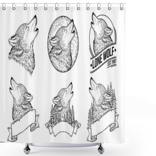 Personality  Set Vector Illustrations Of A Howling Wolves Shower Curtains
