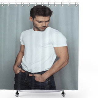 Personality  Muscle Strong Beautiful Stripped Male Model In Denim Jeans With White T-shirt On Grey Isolated Font Background Shower Curtains