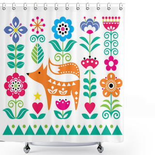 Personality  Scandinavian Cute Folk Art Vector Pattern With Flowers And Fox, Floral Greeting Card Or Invitation Inspired By Traditional Embroidery From Sweden, Norway And Denmark Shower Curtains