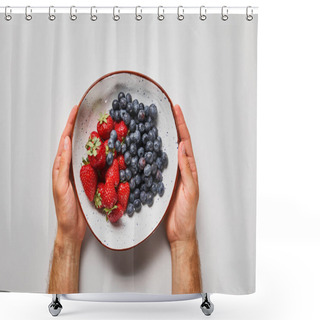 Personality  Cropped View Of Man Holding Big Plate With Tasty Strawberries And Blue Berries Shower Curtains