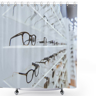 Personality  Selective Focus Of White Shelves With Stylish Glasses In Ophthalmology Shower Curtains