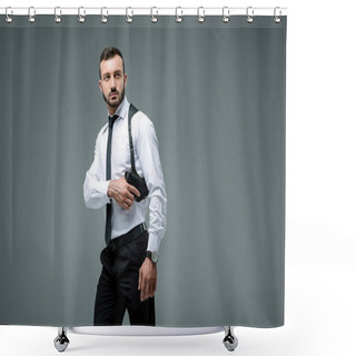 Personality  Handsome Security Guard Taking Gun And Looking Away Isolated On Grey Shower Curtains