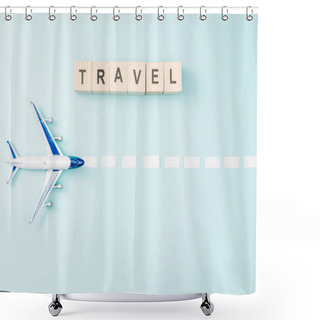 Personality  Top View Of Toy Plane, Dotted Line And Wooden Cubes With Travel Lettering On Blue Background Shower Curtains