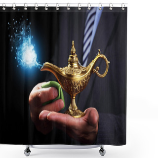 Personality  Businessman Holding Magic Aladdins Genie Lamp Shower Curtains