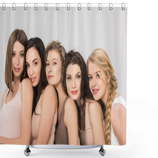 Personality  Pretty Young Friends Putting Heads On Shoulders Of Each Other Isolated On Grey  Shower Curtains