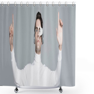 Personality  Cyborg In Headphones And Digital Eye Lens Using Something Isolated On Grey, Banner Shower Curtains