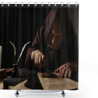 Personality  Mysterious Monk In Hood Stamping Manuscript With Wax Seal Isolated On Black Shower Curtains