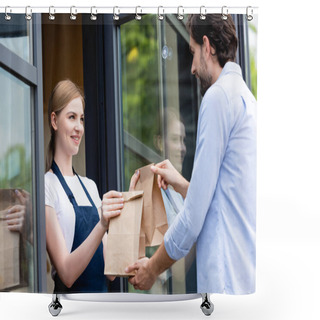 Personality  Attractive Saleswoman Giving Paper Bags To Man Near Door Of Cafe Shower Curtains