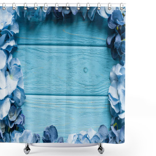 Personality  Top View Of Wooden Blue Background With Floral Frame Shower Curtains