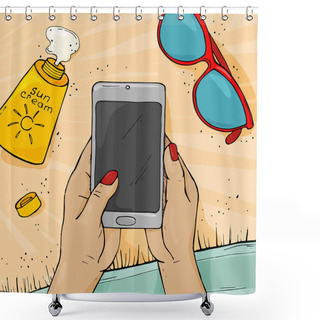 Personality  Hands Of A Woman Holding A Mobile Phone On The Beach. Shower Curtains