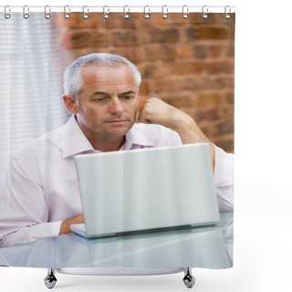Personality  Businessman Sitting In Office On Laptop Shower Curtains