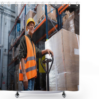 Personality  Happy Middle Aged Warehouse Worker In Hard Hat And Safety Vest Transporting Pallet With Hand Truck Shower Curtains