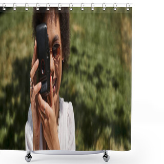 Personality  Joyful African American Woman Taking Photo On Vintage Camera In Park In Summer, Banner Shower Curtains