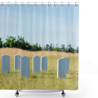 Personality  Headstones On Green Grass And Blue Sky In Graveyard  Shower Curtains