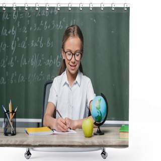 Personality  Smiling Schoolgirl In Eyeglasses Writing In Notebook Near Globe And Blurred Chalkboard Shower Curtains