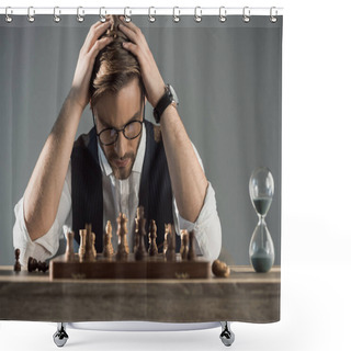 Personality  Focused Young Businessman In Eyeglasses Playing Chess  Shower Curtains