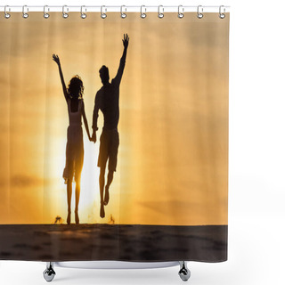 Personality  Silhouettes Of Man And Woman Jumping On Beach Against Sun During Sunset Shower Curtains