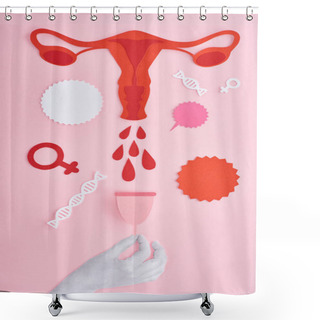 Personality  Cropped View Of Hand Holding Menstrual Cup Near Red Paper Cut Female Reproductive System With Blood Drops And Empty Cards On Pink Background Shower Curtains