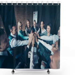 Personality  Above High Angle View Of Nice Stylish Elegant Cheerful Positive Sharks Marketers Company Ceo Boss Chief Executive Managers Putting Clapping Palms At Industrial Loft Interior Work Place Space Shower Curtains