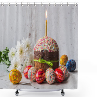 Personality  Easter Cake Kulich With Eggs And Spring Flowers On Light Wooden Background Shower Curtains