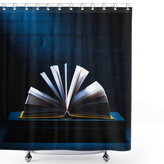 Personality  Open Book With Empty Pages On Dark Tabletop Shower Curtains
