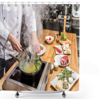 Personality  Cropped Image Of Chef Frying Yellow And Green Bell Peppers With Broccoli Shower Curtains