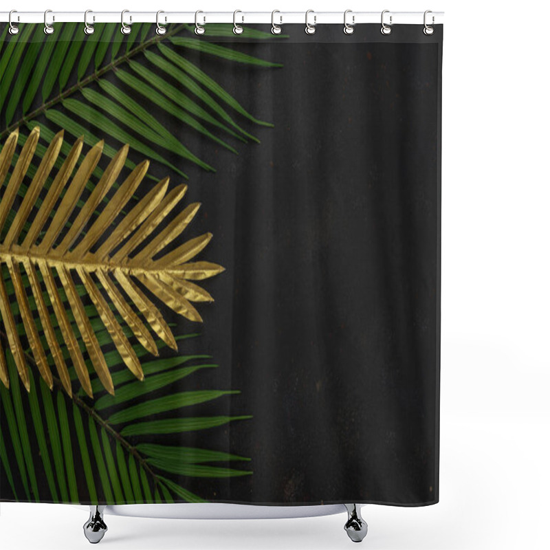 Personality  Creative Layout With Gold And Green Tropical Palm Leaves On Black Background. Minimal Summer Abstract Pattern. Shower Curtains