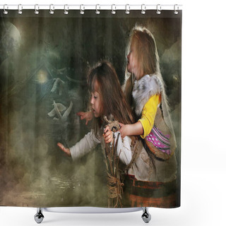 Personality  Two Girls Dress Up As Fairytale Characters, Fairytale Character Grandma Ezhka Shower Curtains