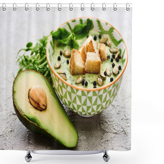 Personality  Bowl Of Delicious Green Creamy Soup With Croutons, Black Pepper And Pumpkin Seeds Near Ripe Avocado Shower Curtains