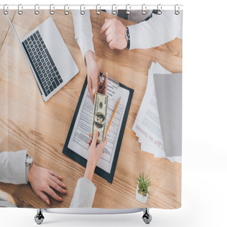 Personality  Partial View Of Businesswoman Giving Money To Businessman, Compensation Concept Shower Curtains