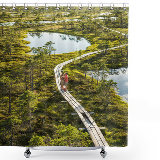 Personality  Aerial View Of Couple In Love On Wooden Bridge With Green Plants On Background Shower Curtains