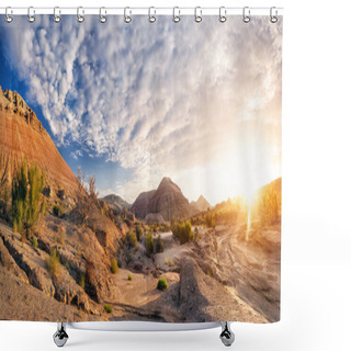 Personality  Sunrise In The Desert Mountains Shower Curtains
