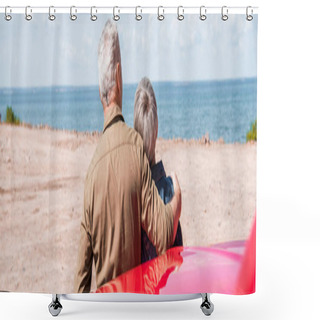 Personality  Panoramic View Of Senior Couple Of Tourists Standing Near Car And Embracing At Beach Shower Curtains