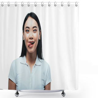 Personality  Attractive Asian Girl Showing Funny Grimace Isolated On White Shower Curtains