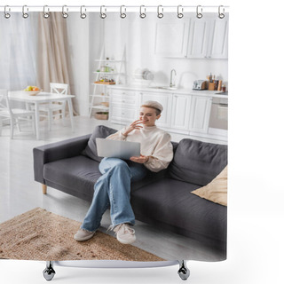 Personality  High Angle View Of Woman In Jeans Sitting With Laptop On Sofa In Open Plan Kitchen Shower Curtains