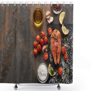 Personality  Top View Of Raw Salmon With Salt, Rosemary And Tomatoes On Stone Board Shower Curtains