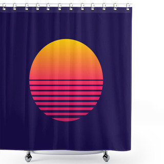 Personality  Sunset. Retro Sun Of 80s Or 90s. Background For Cyberpunk, Disco Of 80 S And Sunrise In Miami. Neon Gradient Graphic For Summer Logo. Futuristic Icon For Flyer, Design, Music And Shirt. Vector. Shower Curtains