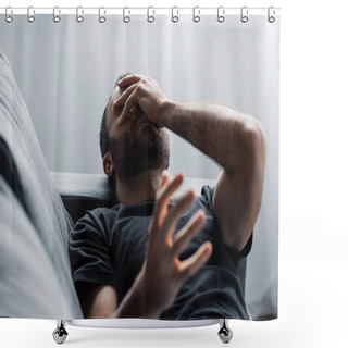 Personality  Depressed Man Suffering While Lying On Sofa And Holding Hand On Face Shower Curtains