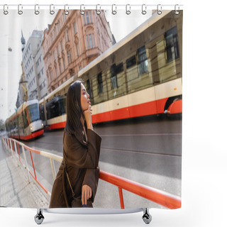 Personality  Side View Of Brunette Woman In Coat Looking At Trams On Street In Prague  Shower Curtains