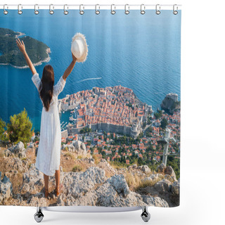 Personality  Traveller Looking At View Of Dubrovnik Old Town, In Dalmatia, Croatia, The Prominent Travel Destination Of Croatia. Dubrovnik Old Town Was Listed As UNESCO World Heritage Sites In 1979. Shower Curtains