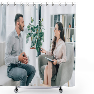 Personality  Smiling Psychiatrist With Clipboard Talking With Happy Patient In Office Shower Curtains